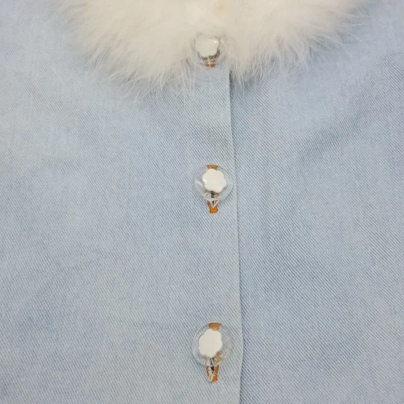 Princess Kids USA 12 Month Light Blue Denim Jean Jacket with White Faux Feathers - Picture 4 of 7